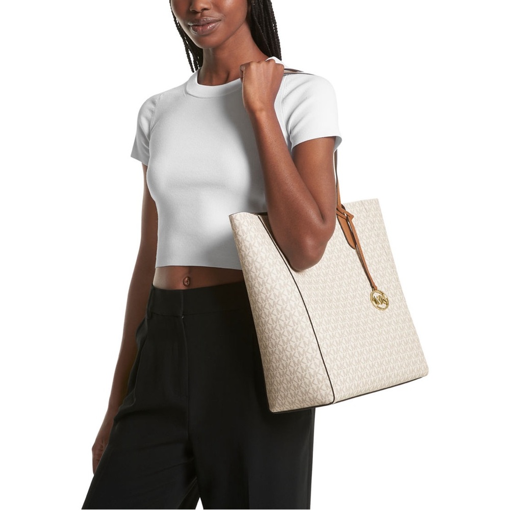 BNWT MK Michael Kors Logo Sinclair Vanilla/Acorn Large North South Shopper Tote